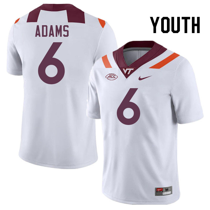 Youth #6 Keylen Adams Virginia Tech Hokies College Football Jerseys Stitched-White